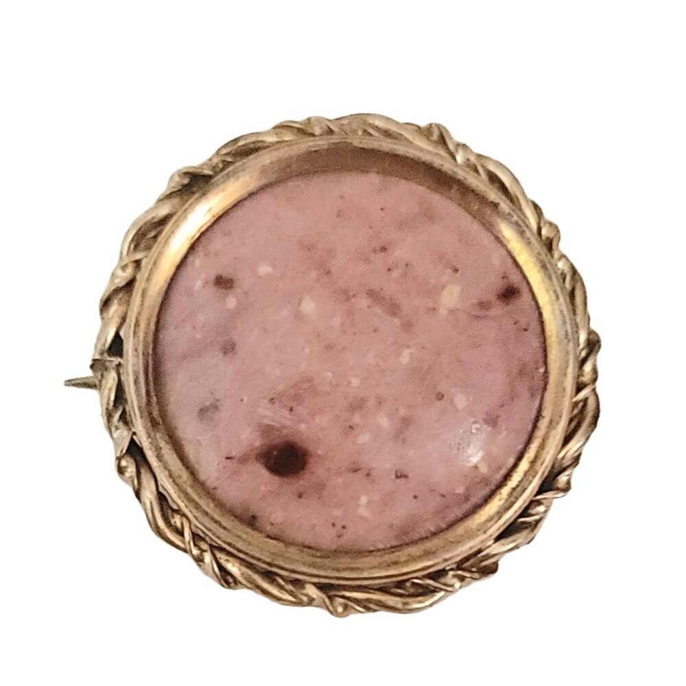 Gold Plated Rope Edge Pink Stone Victorian Style Brooch C Clasp Pin